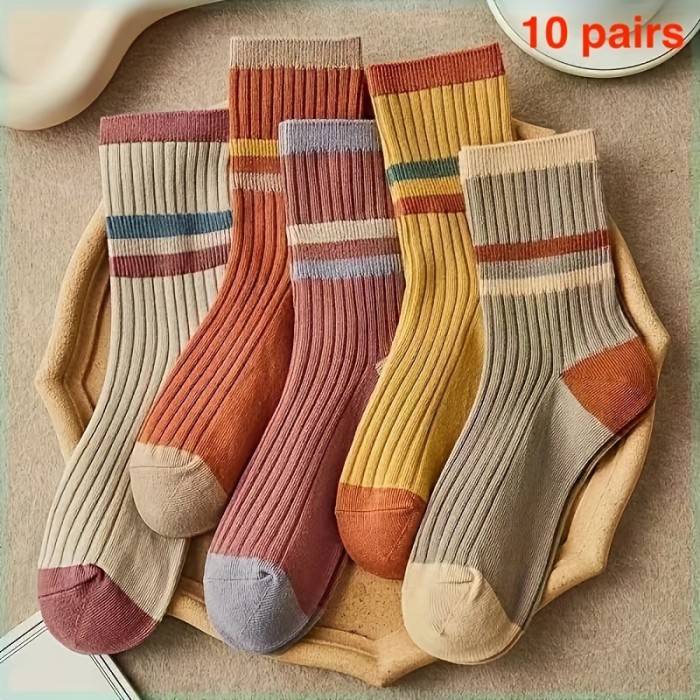 5 Pairs of Ultra-Comfy Striped Print Mid-Tube Socks - Soft, Breathable, and Stretchy Women's Stockings & Hosiery for Everyday Wear - Perfect for Casual Outings, Work, or Lounging Around