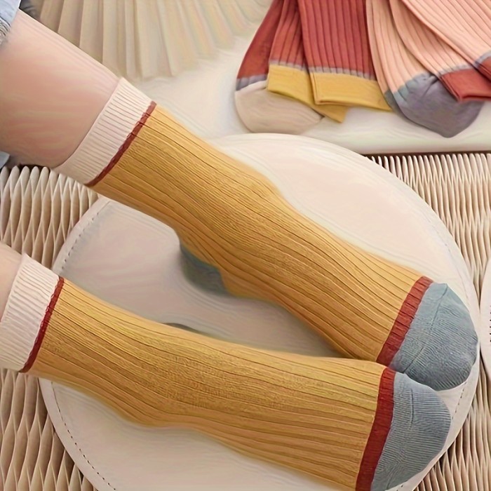 5 Pairs of Ultra-Comfy Striped Print Mid-Tube Socks - Soft, Breathable, and Stretchy Women's Stockings & Hosiery for Everyday Wear - Perfect for Casual Outings, Work, or Lounging Around