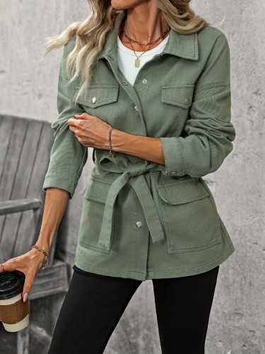 Plain Green Bow Tie Belt Elegant Style Long Sleeve Denim Jacket Top, Women's Denim Jeans & Clothing