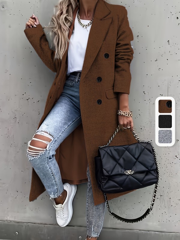 Double Breasted Simple Trench Coat, Casual Long Sleeve Outerwear, Women's Clothing