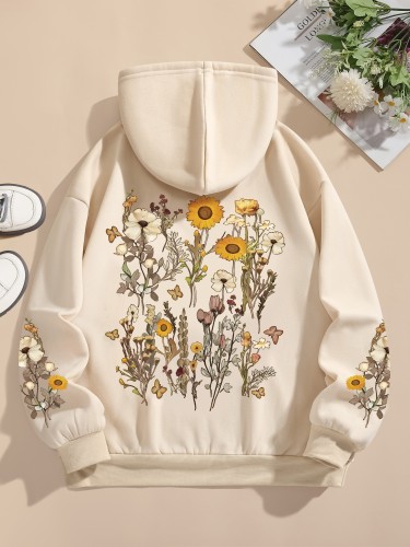 Floral Print Hooded Sweatshirt - Soft Micro Elasticity Polyester Fabric, Drawstring Casual Style, Machine Washable, Perfect for Winter & Fall - Womens Clothing