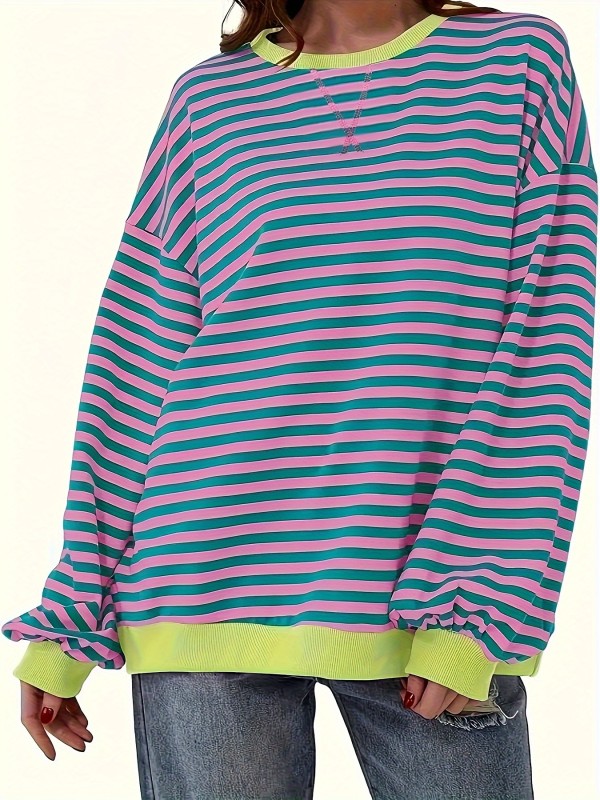 Striped Drop Shoulder Pullover Sweatshirt, Casual Long Sleeve Crew Neck Sweatshirt For Fall & Winter, Women's Clothing