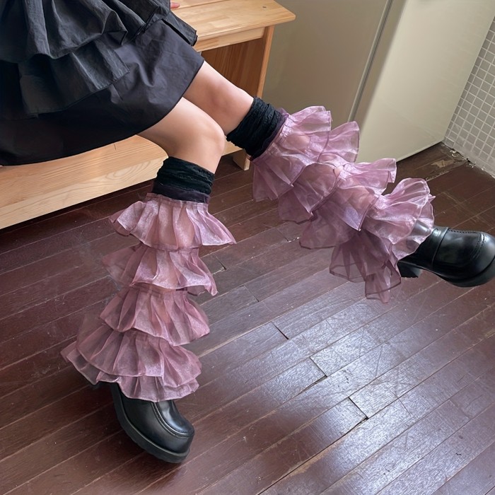 Ruffle Mesh Leg Warmers, Lace Stitching Sweet Socks, Women's Stockings & Hosiery