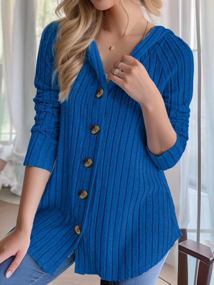 Button Front Long Sleeve Hoodie, Casual Solid Color Ribbed Hoodie For Spring & Fall, Women's Clothing