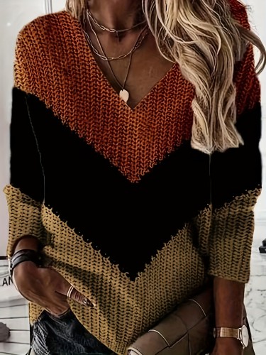 Color Block V Neck Pullover Sweater, Casual Long Sleeve Loose Sweater, Women's Clothing