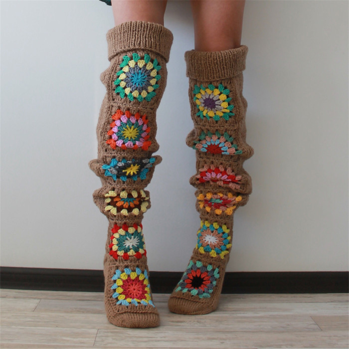 1 Pair Ethnic Knit Thigh High Socks, Trendy Comfy Novelty Over The Knee Socks, Women's Stockings & Hosiery