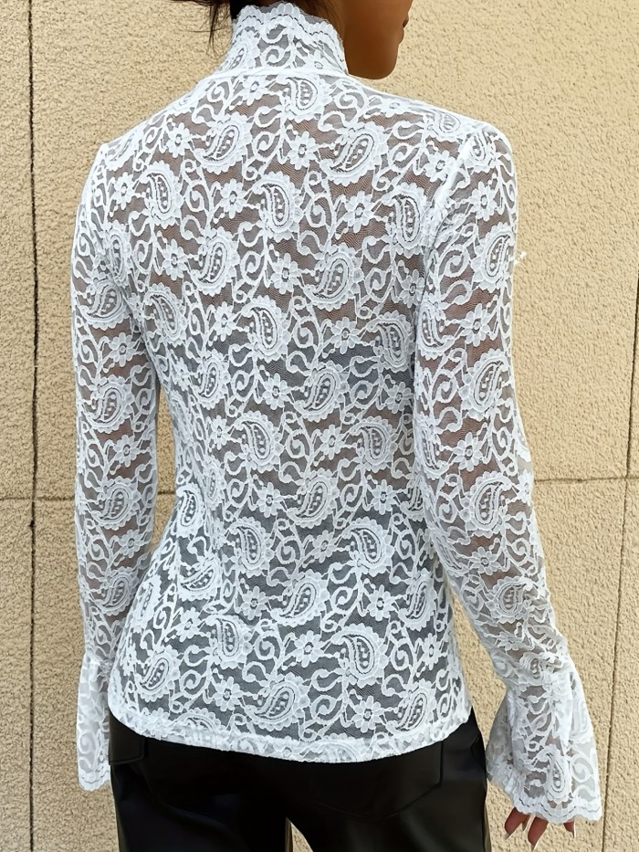 Paisley Pattern Lace T-Shirt, Long Sleeve High Neck Casual Top, Women's Clothing