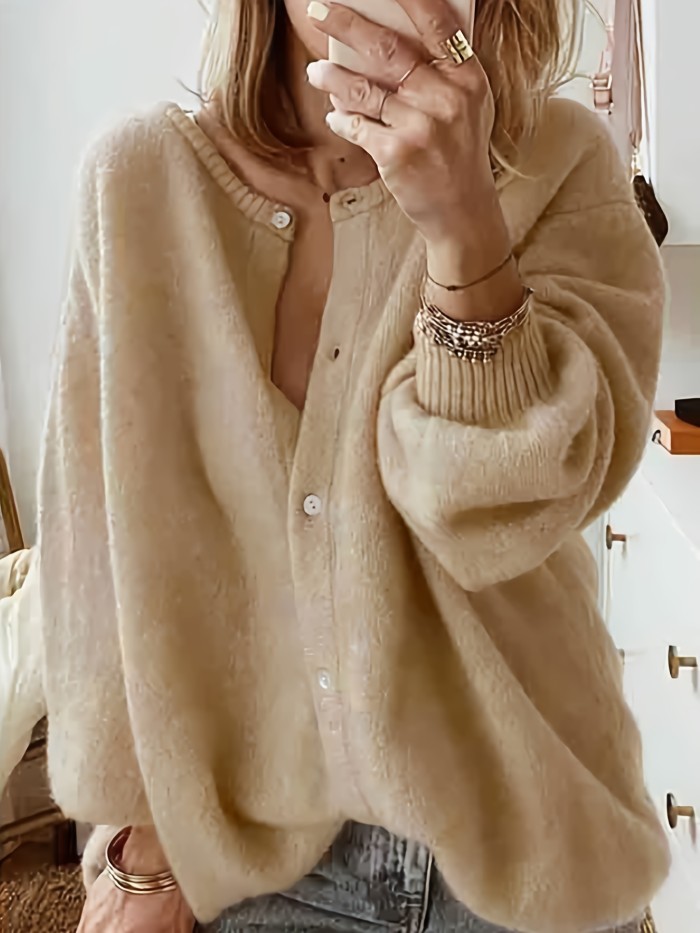 Women's Polyester Knit Cardigan With Round Neck, Long Sleeve, Zipper Closure, Acrylic And Nylon Blend, Autumn And Winter Fashion