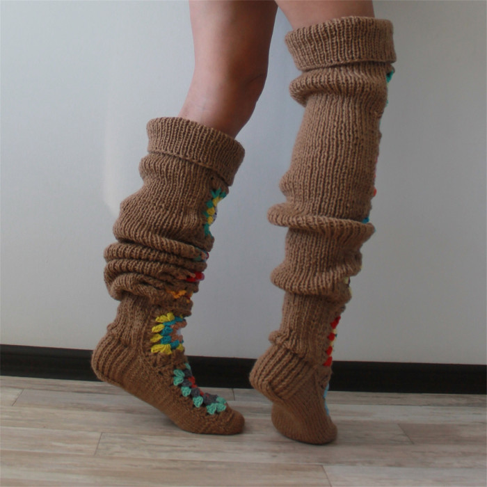 1 Pair Ethnic Knit Thigh High Socks, Trendy Comfy Novelty Over The Knee Socks, Women's Stockings & Hosiery