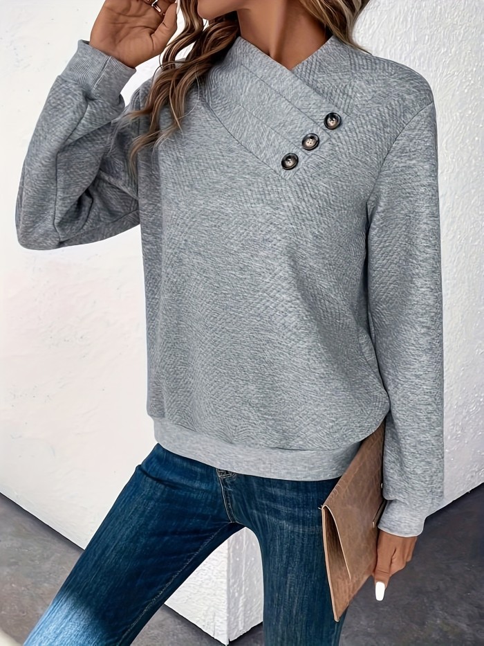 Stylish Button-Embellished Pullover - Cozy Long Sleeve Sweatshirt for Fall\u002FWinter - Versatile Women's Fashion