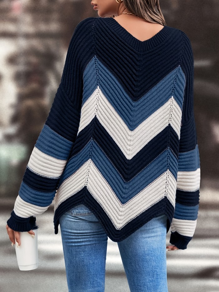 Color Block Crew Neck Sweater, Elegant Long Sleeve Sweater For Fall & Winter, Women's Clothing