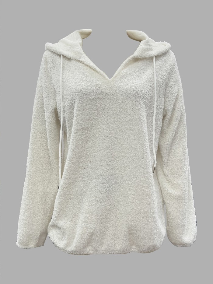 Cozy Solid Fuzzy Drawstring Hoodie - Soft Micro Elasticity Polyester Fabric, Casual Long Sleeve Loose Fit, Machine Washable, Perfect for All Seasons - Womens Clothing