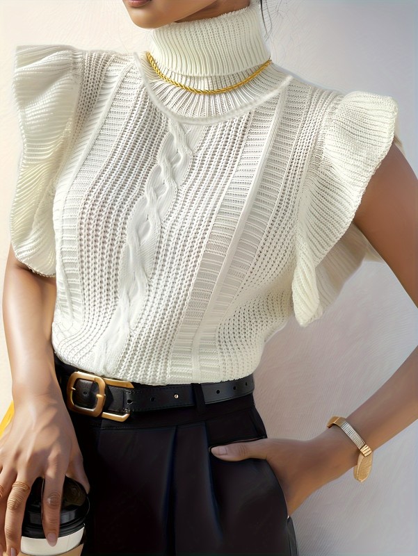 Elegant French-Inspired Turtleneck Ruffle Knit Sweater Vest - Machine Washable, Stretch Fabric, Perfect for Spring\u002FFall