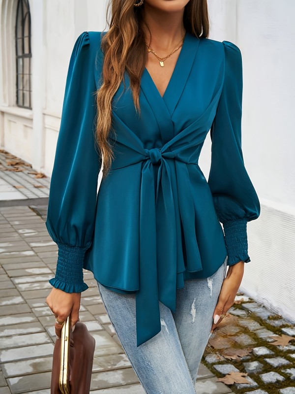 V-neck Tie Front Ruffle Hem Blouse, Elegant Lantern Sleeve Shirred Trim Blouse For Spring & Fall, Women's Clothing