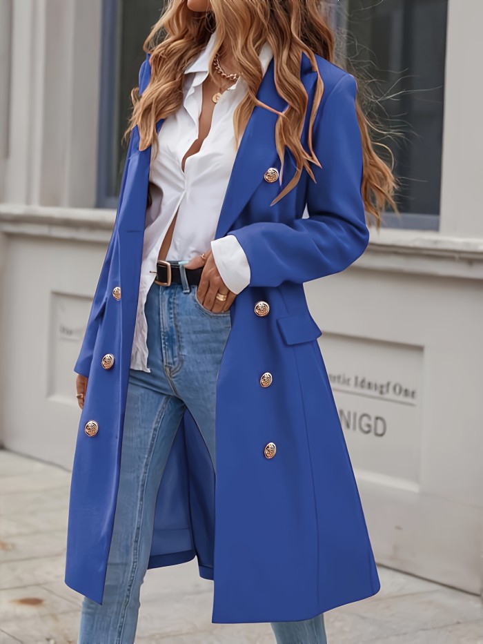 Double-breasted Lapel Coat, Elegant Solid Long Sleeve Midi Length Coat For Fall & Winter, Women's Clothing