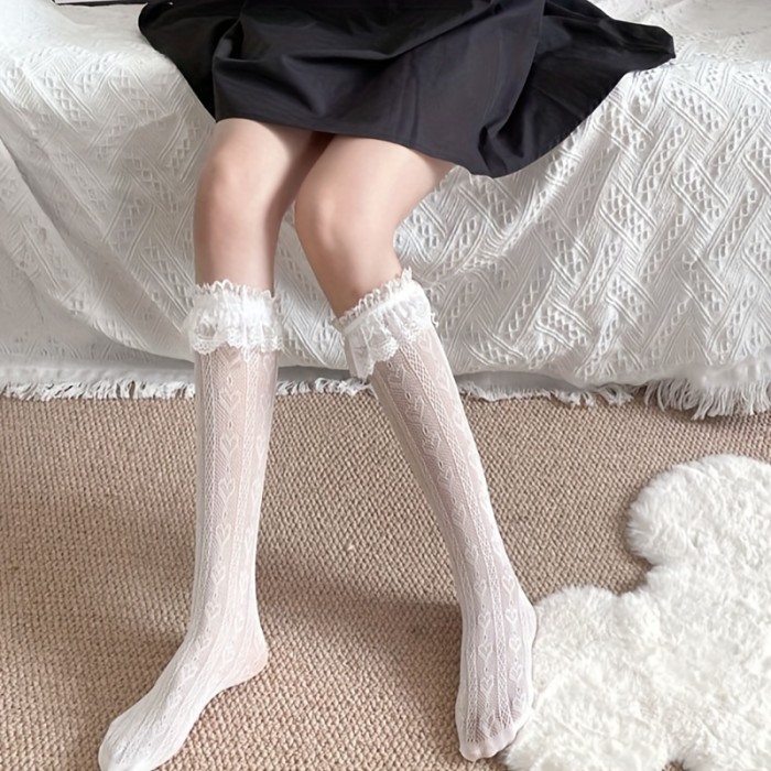 1\u002F2 Pairs Ruffle Trim Lace Calf Socks, Sweet Japanese Style Knee High Socks, Women's Stockings & Hosiery