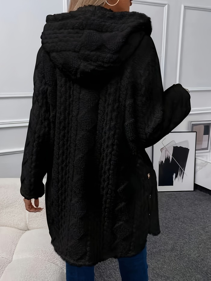 Solid Button Up Hooded Teddy Coat, Elegant Long Sleeve Split Side Faux Fur Outwear, Women's Clothing