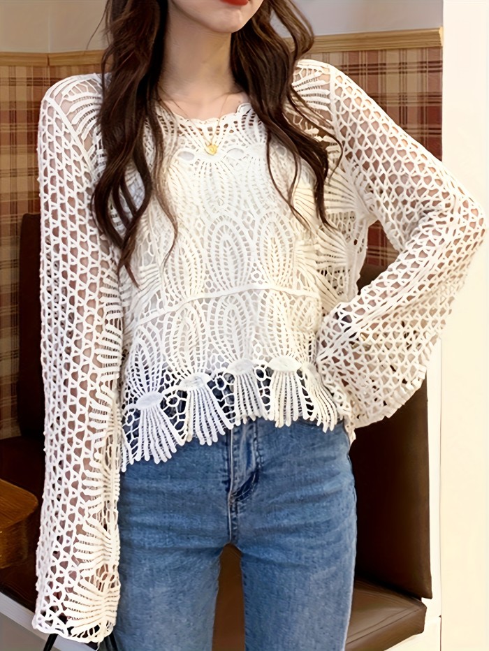 Crochet Cover Up Knitted Top, Casual Long Sleeve Hollow Out Sweater, Women's Clothing