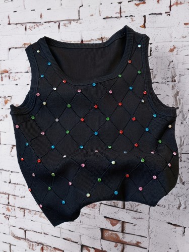 Colorful Rhinestone Knitted Tank Top, Casual Crew Neck Sleeveless Tank Top For Summer, Women's Clothing
