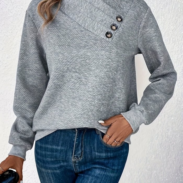 Stylish Button-Embellished Pullover - Cozy Long Sleeve Sweatshirt for Fall\u002FWinter - Versatile Women's Fashion