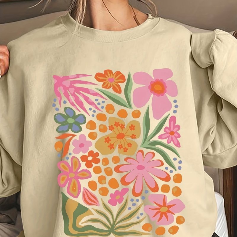 Women's Polyester Crew Neck Sweatshirt - 100% Knit Casual Style with Alphabet Floral Graphic Print for Fall & Winter