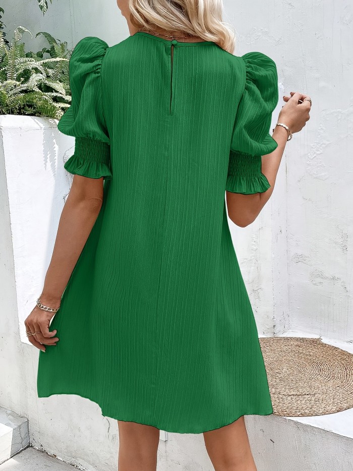 Solid Color Crew Neck Dress, Casual Puff Sleeve Dress For Spring & Summer, Women's Clothing For Elegant Dressing