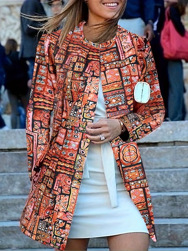 Bohemian Geometric Print Casual Women's Jacket - 100% Polyester Crew Neck Open Front Coat with Pockets for Spring\u002FFall