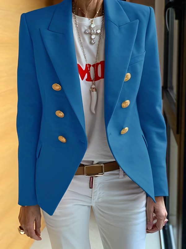 Lapel Double Breasted Blazer, Elegant Long Sleeve Solid Open Front Work Office Outerwear, Women's Clothing