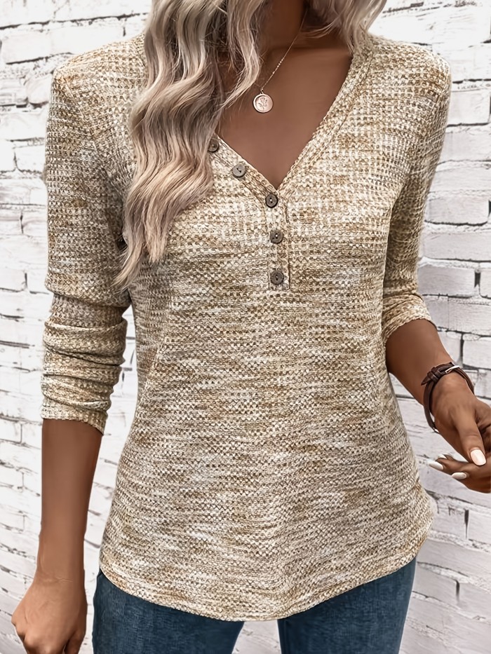 Solid V Neck Button Decor T-shirt, Elegant Long Sleeve Top For Spring & Fall, Women's Clothing