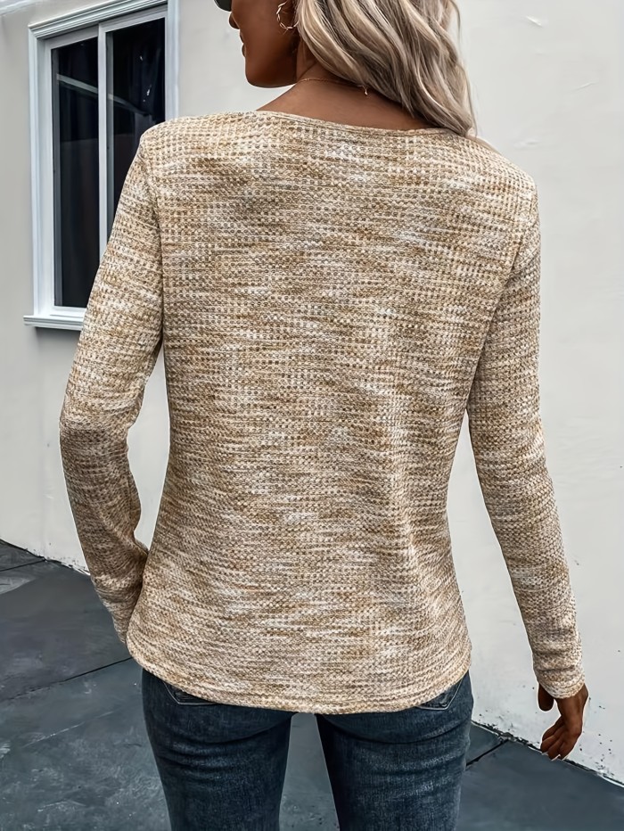 Solid V Neck Button Decor T-shirt, Elegant Long Sleeve Top For Spring & Fall, Women's Clothing