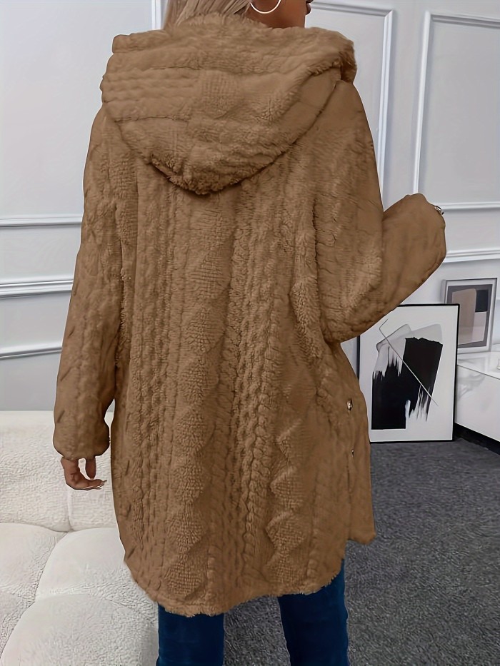 Solid Button Up Hooded Teddy Coat, Elegant Long Sleeve Split Side Faux Fur Outwear, Women's Clothing