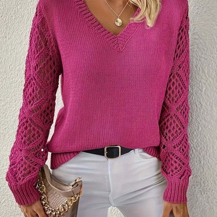 Solid Pointelle Detail Knitted Sweater, Elegant V-neck Long Sleeve Pullover, Women's Clothing