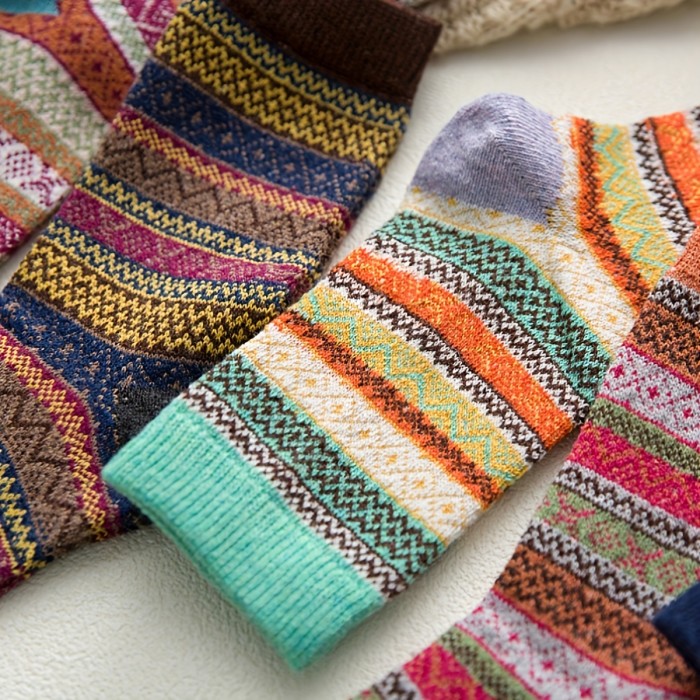 5 Pairs of Cozy Wool Colorblock Geometric Patterned Mid-Calf Socks for Women - Ultra Soft, Breathable, and Comfy - Perfect for Daily Wear, Stockings and Hosiery Essentials