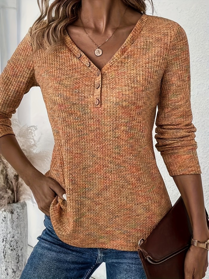 Solid V Neck Button Decor T-shirt, Elegant Long Sleeve Top For Spring & Fall, Women's Clothing