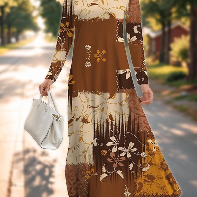 Vibrant Floral Print Pendulum Maxi Dress - Soft Micro Elasticity, Crew Neck, Long Sleeve, Machine Washable - Perfect for Spring and Fall, Casual Womens Clothing
