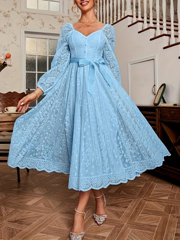 Guipure Lace Belted Dress, Elegant Sweetheart Neck Long Sleeve Flowy Dress For Spring & Fall, Women's Clothing