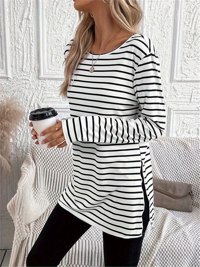 Striped Print Crew Neck T-Shirt, Casual Long Sleeve Split T-Shirt For Spring & Fall, Women's Clothing