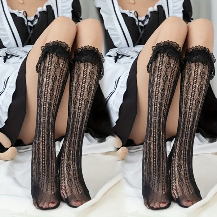 1\u002F2 Pairs Ruffle Trim Lace Calf Socks, Sweet Japanese Style Knee High Socks, Women's Stockings & Hosiery