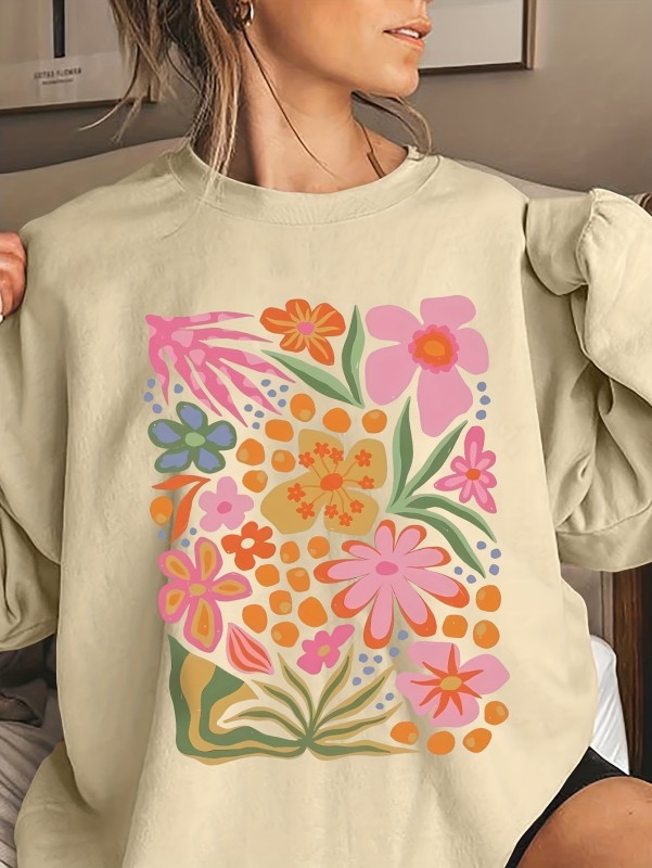 Women's Polyester Crew Neck Sweatshirt - 100% Knit Casual Style with Alphabet Floral Graphic Print for Fall & Winter