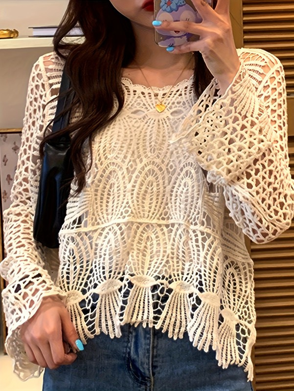 Crochet Cover Up Knitted Top, Casual Long Sleeve Hollow Out Sweater, Women's Clothing