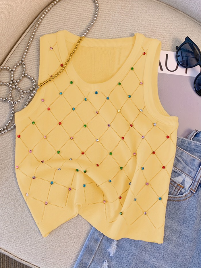 Colorful Rhinestone Knitted Tank Top, Casual Crew Neck Sleeveless Tank Top For Summer, Women's Clothing