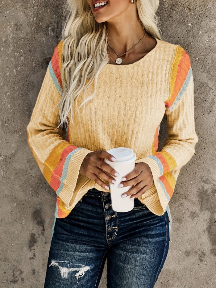 Vibrant Color Block Split Knit Sweater - Soft, Breathable, Crew Neck, Long Sleeve, Casual, Womens Clothing - Perfect for Daily Wear, Outdoor Activities, and Layering