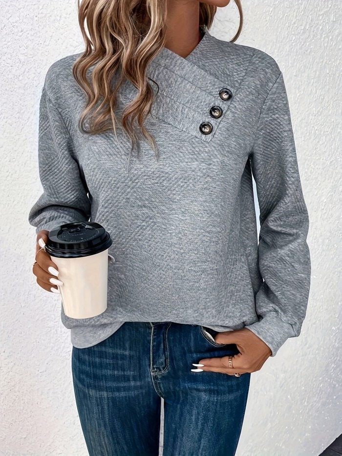 Stylish Button-Embellished Pullover - Cozy Long Sleeve Sweatshirt for Fall\u002FWinter - Versatile Women's Fashion