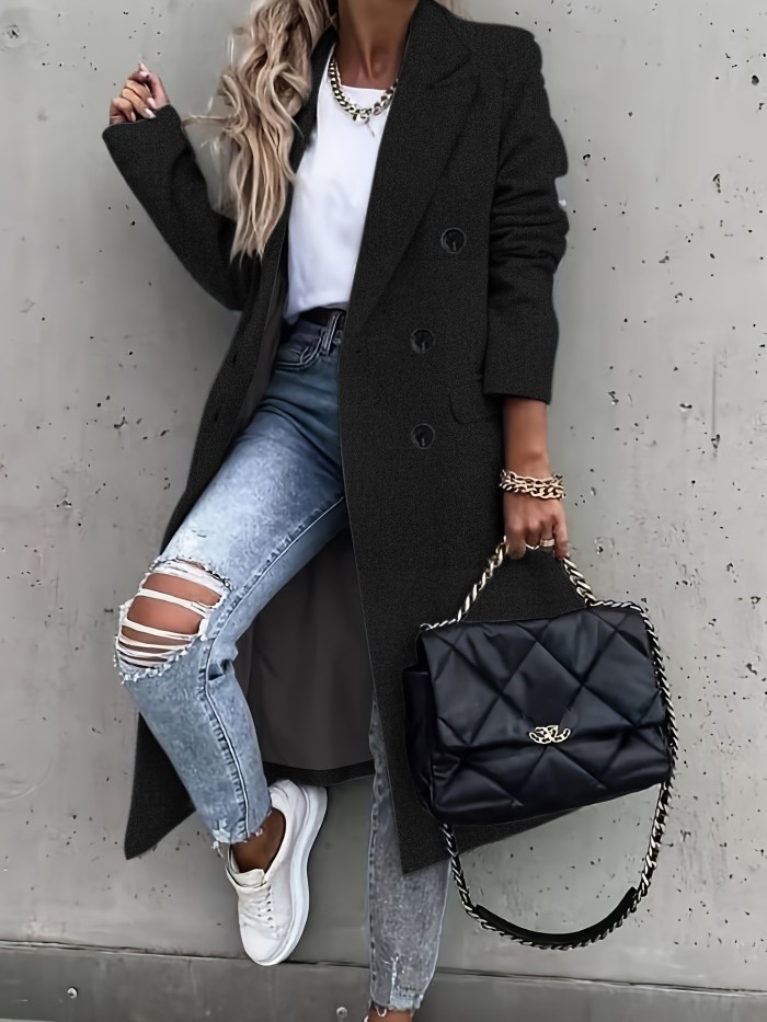 Double Breasted Simple Trench Coat, Casual Long Sleeve Outerwear, Women's Clothing