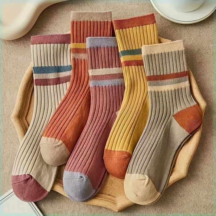 5 Pairs of Ultra-Comfy Striped Print Mid-Tube Socks - Soft, Breathable, and Stretchy Women's Stockings & Hosiery for Everyday Wear - Perfect for Casual Outings, Work, or Lounging Around