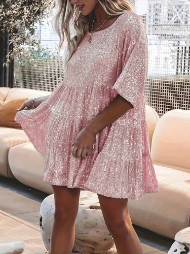 Sequined Crew Neck Loose Dress, Elegant Half Sleeve Dress For Spring & Summer, Women's Clothing