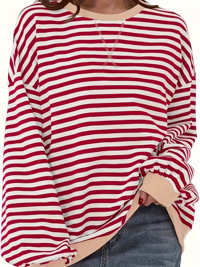 Striped Drop Shoulder Pullover Sweatshirt, Casual Long Sleeve Crew Neck Sweatshirt For Fall & Winter, Women's Clothing