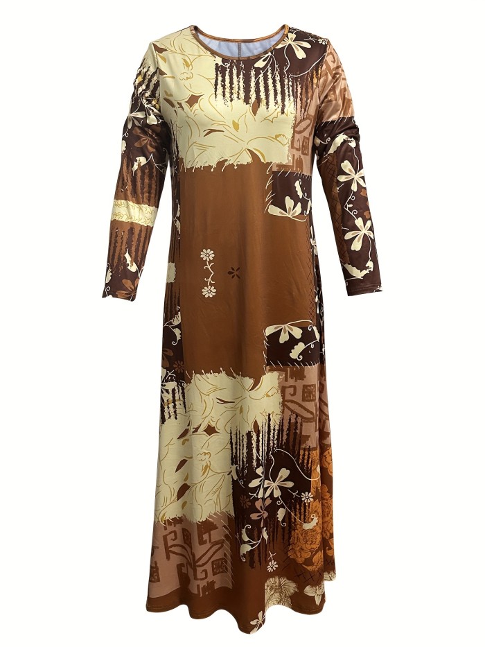 Vibrant Floral Print Pendulum Maxi Dress - Soft Micro Elasticity, Crew Neck, Long Sleeve, Machine Washable - Perfect for Spring and Fall, Casual Womens Clothing