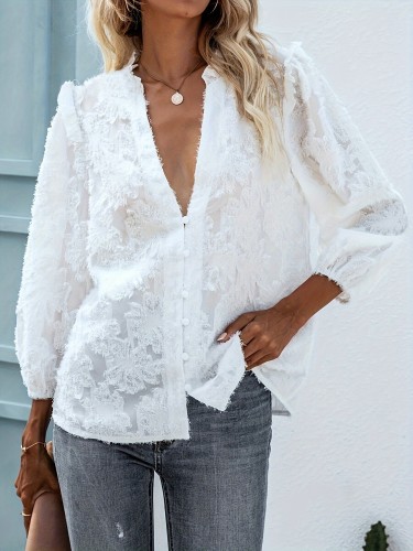 Chic Deep V-Neck Lace Blouse for Women - 100% Polyester Solid Color Shirting with Regular Long Sleeves, Button Detail and Woven Fabric - Elegant Textured Single Breasted Pajama Top Style for All Seasons