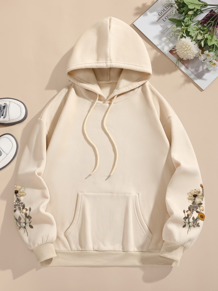 Floral Print Hooded Sweatshirt - Soft Micro Elasticity Polyester Fabric, Drawstring Casual Style, Machine Washable, Perfect for Winter & Fall - Womens Clothing